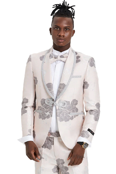 Designer Gray Prom Tuxedo - Grey Wedding Suit With Lace Trim