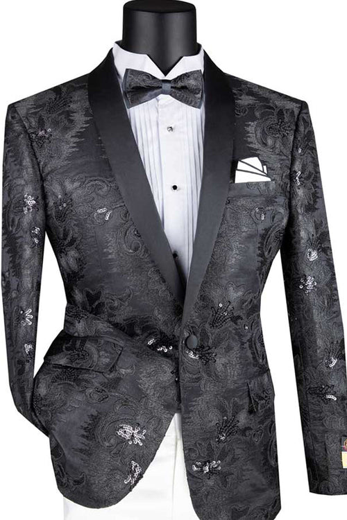 Mens Slim Fit Shiny Floral Sequin Prom Tuxedo Jacket in Black