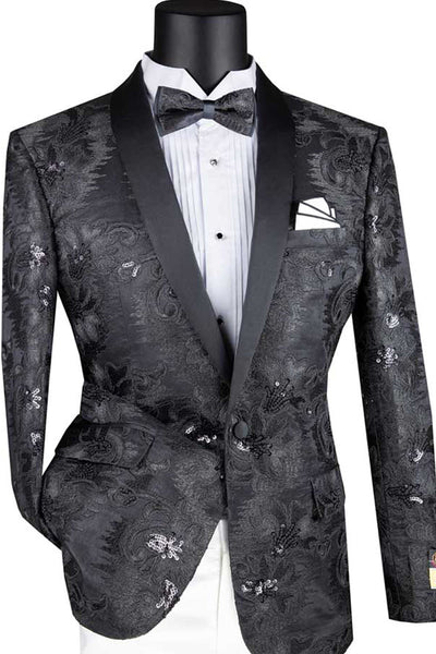 Mens Slim Fit Shiny Floral Sequin Prom Tuxedo Jacket in Black
