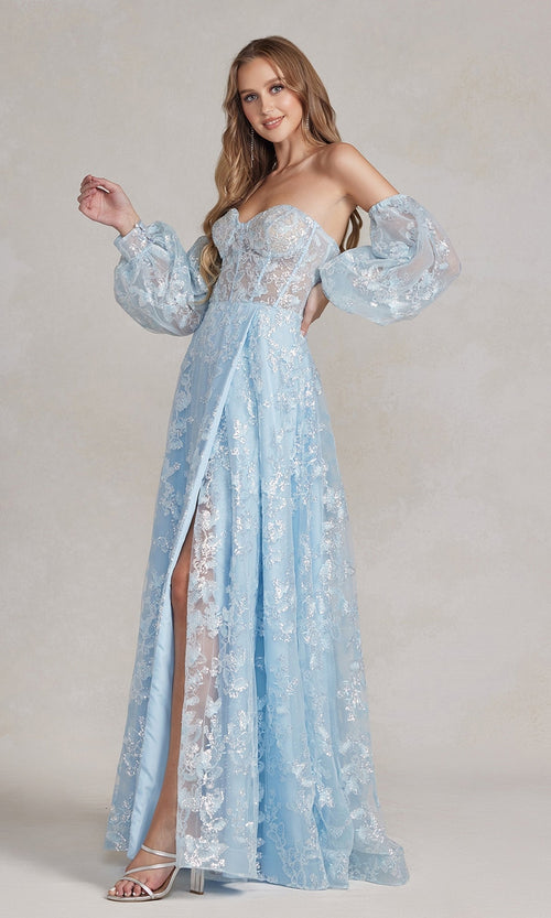 Nox Anabel K1155 Puff-Sleeve Sheer Bodice Long Prom Dress