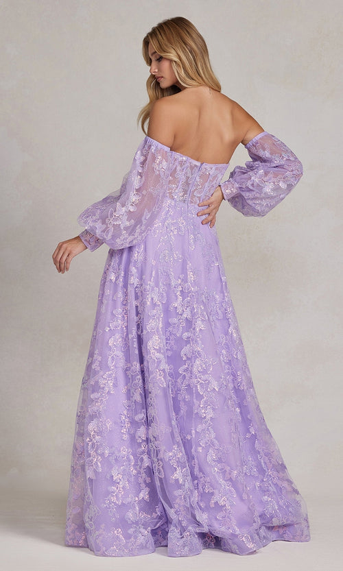 Nox Anabel K1155 Puff-Sleeve Sheer Bodice Long Prom Dress