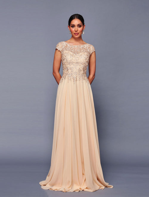 Deklaire K311 Chiffon A-Line Gown with Cap Sleeves – Mother of the Bride Dress