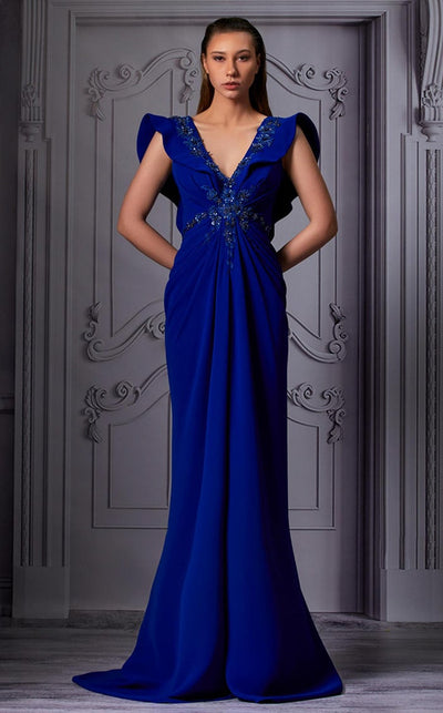 MNM Couture K3844 Royal Blue V-Neck Column Gown