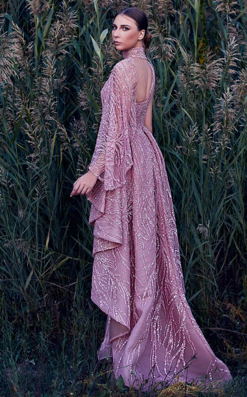 MNM Couture K3925 One-Shoulder Pink Beaded Gown