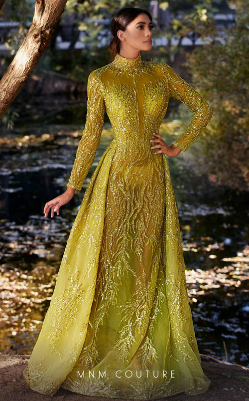 MNM Couture K3926 Olive Beaded High Neck Gown