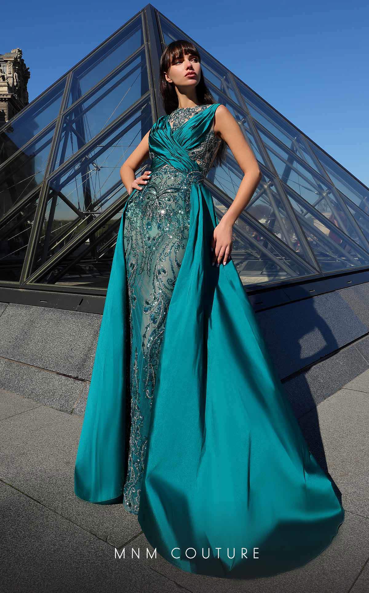 MNM Couture K4007 Satin Mermaid Gown in Petrol with Beading