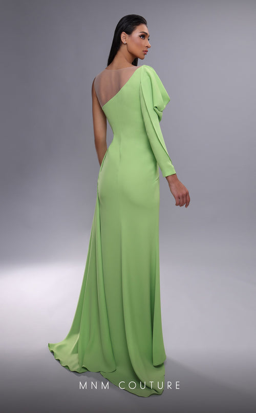 MNM Couture K4086 Orange Gown with Draped Puff Sleeves & High Slit