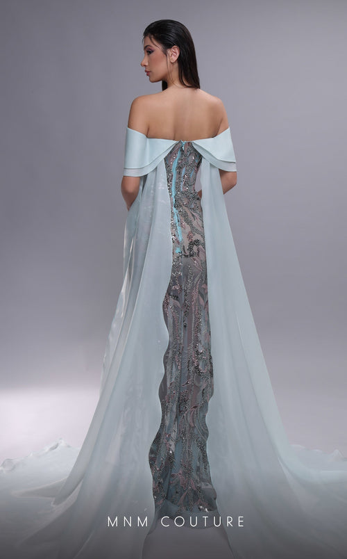 MNM Couture K4092 Aqua Sheath Gown with Illusion Midriff