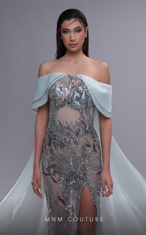 MNM Couture K4092 Aqua Sheath Gown with Illusion Midriff