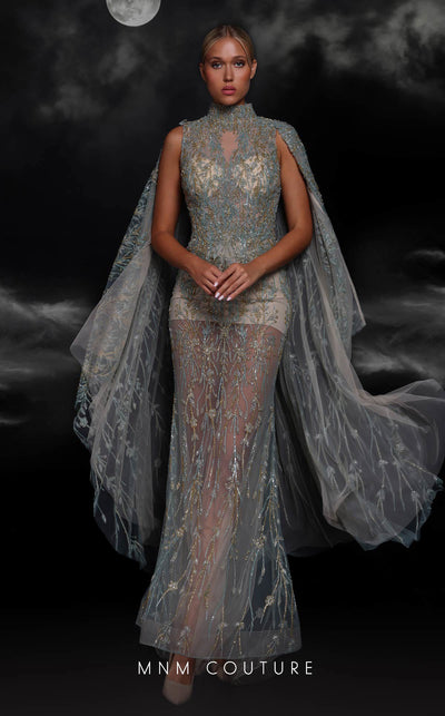 MNM Couture K4119 High Neck Beaded Cape Gown in Tiffany