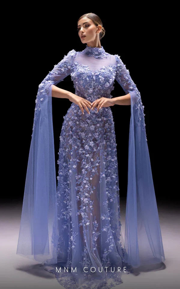 MNM Couture K4236 Blue High-Neck Long Sleeve Gown