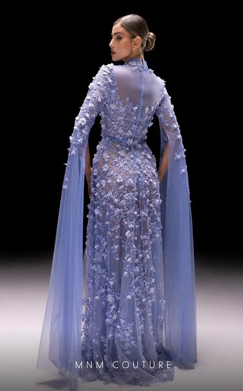MNM Couture K4236 Blue High-Neck Long Sleeve Gown