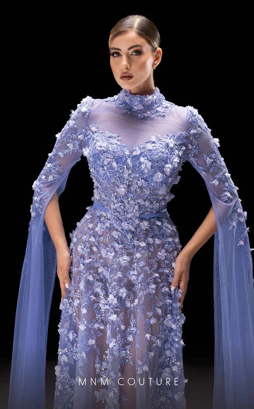 MNM Couture K4236 Blue High-Neck Long Sleeve Gown
