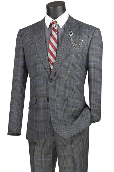 Mens Modern Fit Plaid Suit in Charcoal Grey by Vinci Suits