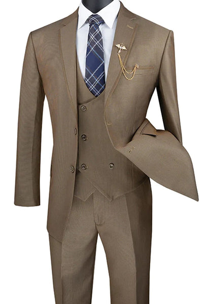 Khaki Prom Tuxedo Suit -Khaki Wedding Suit - Men's Modern Fit Tuxedo Suit With Double Breasted Vest And Satin Trim by PROMTUXEDO