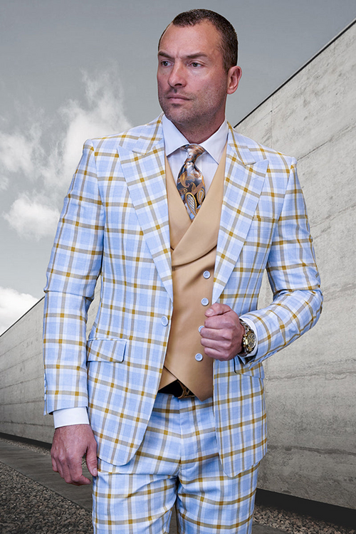 Men's Vested Wool Suit in Sky Blue & Camel Windowpane