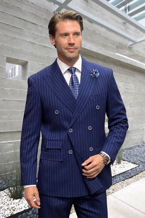 Men's Navy Pinstripe Double Breasted Wool Suit in 36 Short