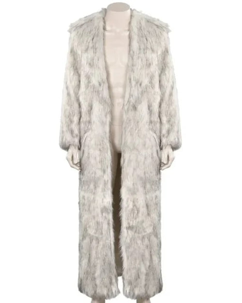 Mens Luxury White Fur Coat – Open Front Design with Fur Cuffs
