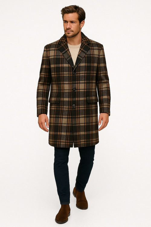 Mens Plaid Wool Overcoat - Khaki and Brown and Cream Check Pattern Winter Coat by USA Men's Outlet