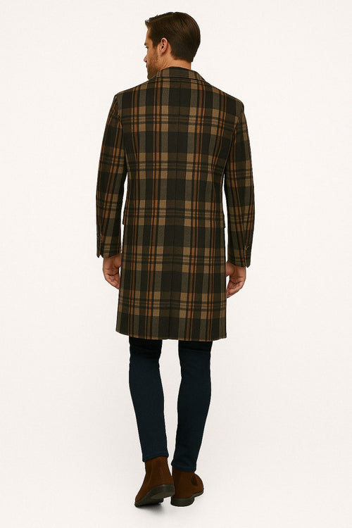 Mens Plaid Wool Overcoat - Khaki and Brown and Cream Check Pattern Winter Coat by USA Men's Outlet