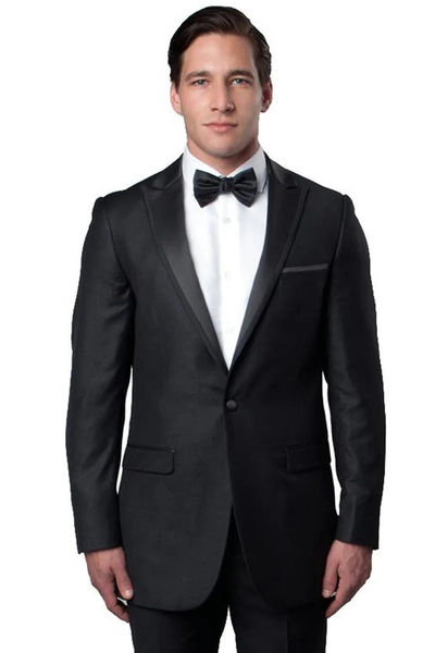 Mens Gray Tuxedo - Grey Wedding Suit-Mens Skinny Fit One Button Satin Trim Peak Lapel Prom & Wedding Tuxedo In Charcoal Grey - Men's Tuxedo USA