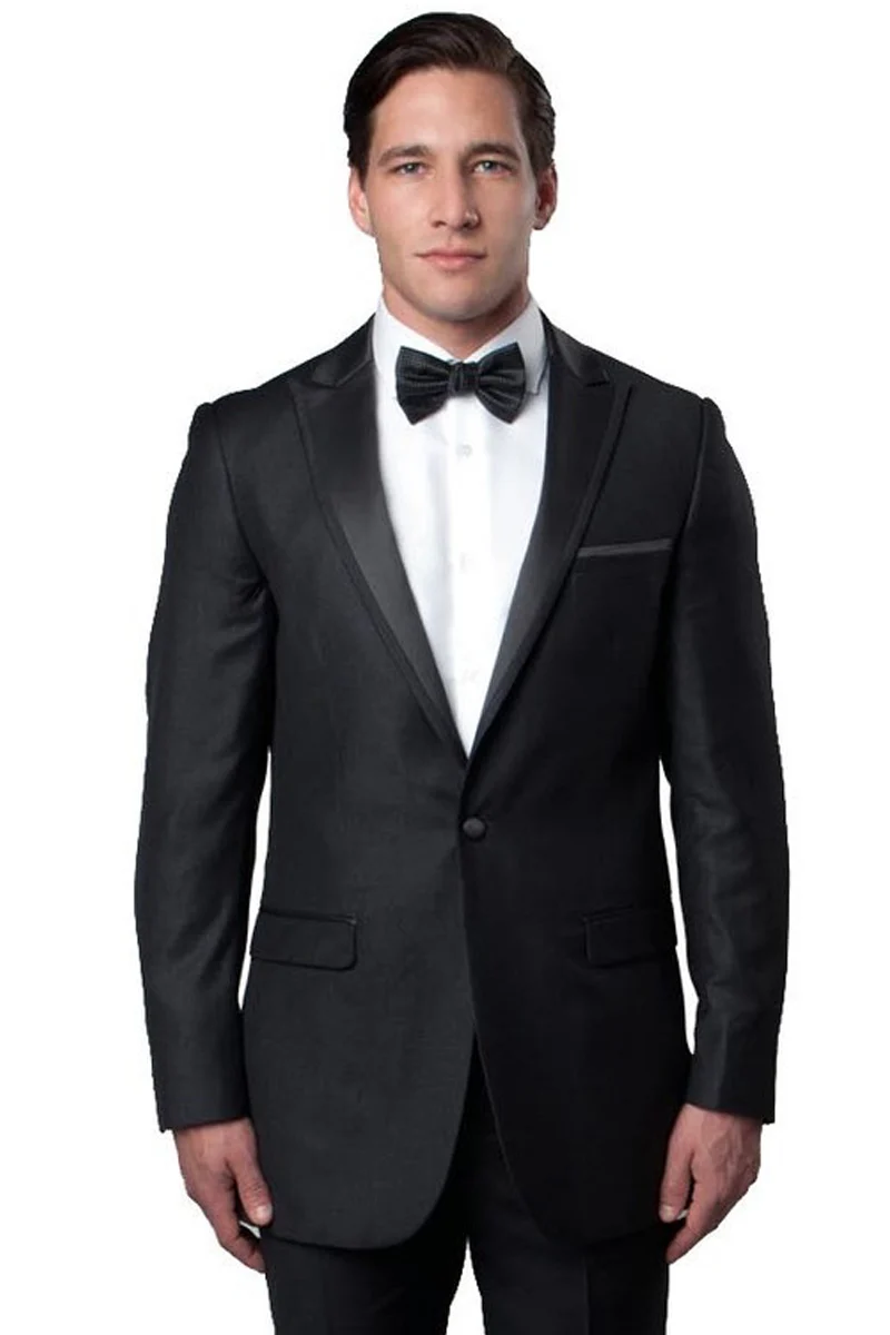 Mens Gray Tuxedo - Grey Wedding Suit-Mens Skinny Fit One Button Satin Trim Peak Lapel Prom & Wedding Tuxedo In Charcoal Grey - Men's Tuxedo USA