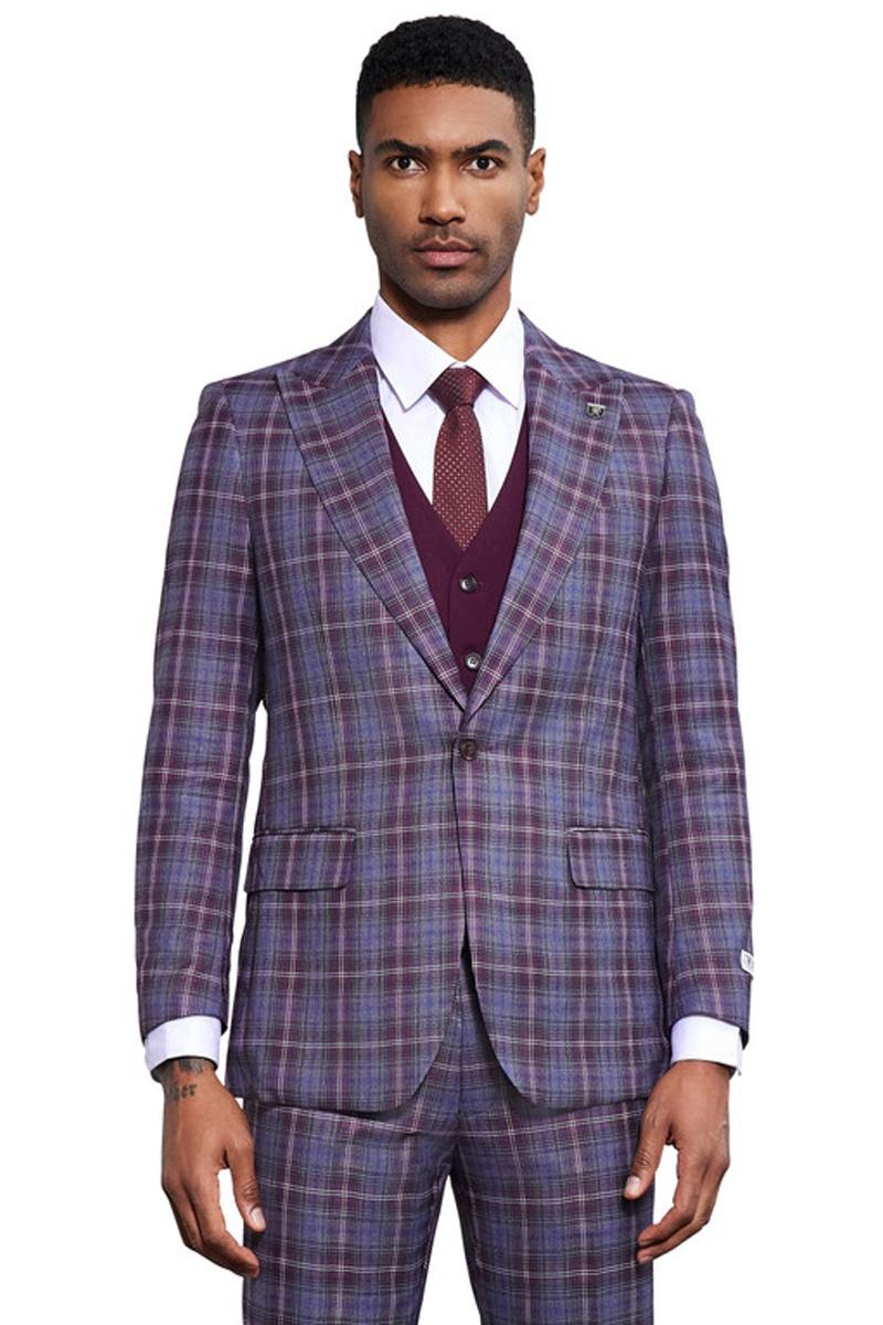 Men's Stacy Adams Bold Windowpane Plaid Print Vested Suit in Lavender & Purple – SuitUSA