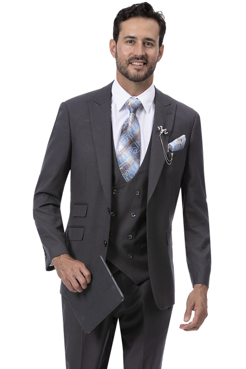 Mens Modern Two Button Vested Peak Lapel Suit with Double Breasted Vest in Charcoal Grey – SuitUSA