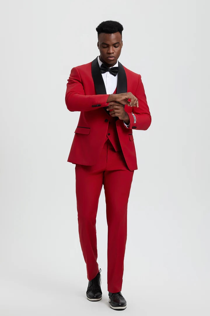 Red Prom Tuxedo Suit - Red Wedding Suit - Men's Stacy Adams Vested One Button Shawl Lapel Designer Tuxedo