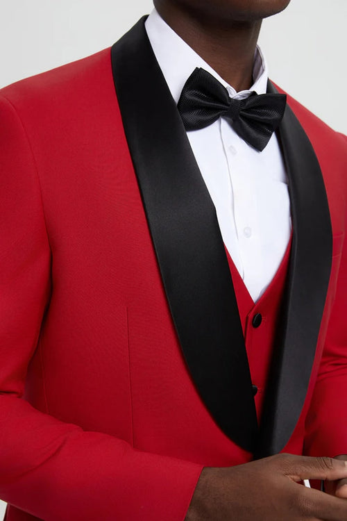Red Prom Tuxedo Suit - Red Wedding Suit - Men's Stacy Adams Vested One Button Shawl Lapel Designer Tuxedo