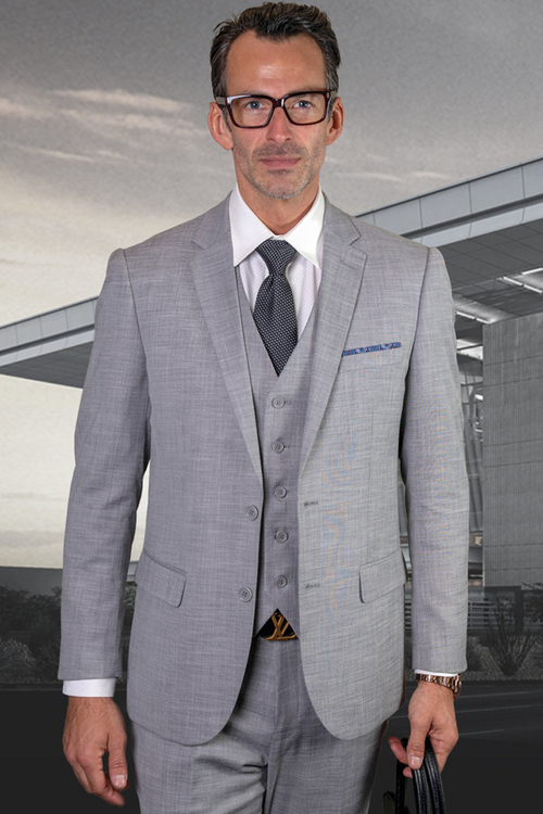Men's Modern Fit Vested Wool Sharkskin Suit in Grey