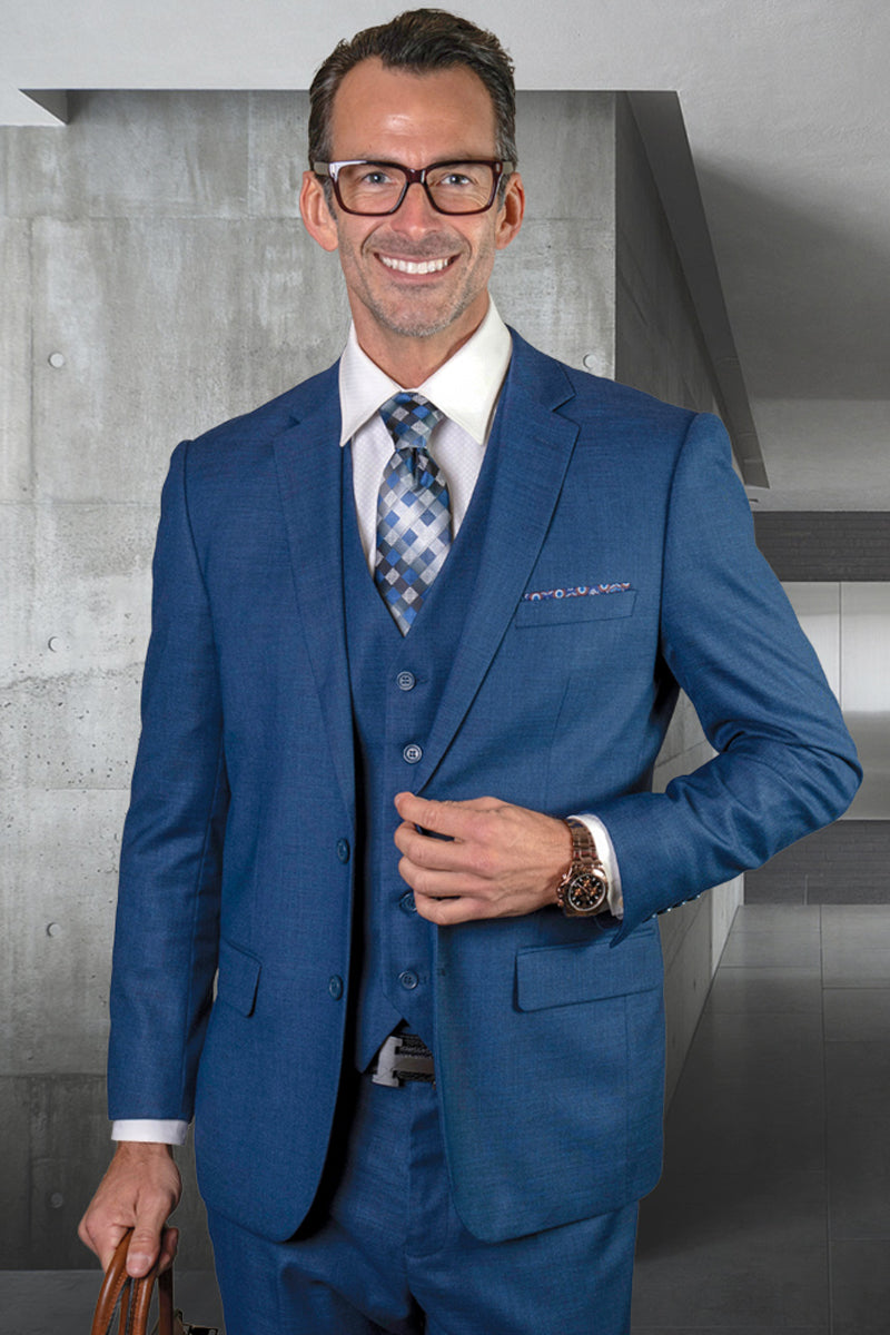 Men's Modern Fit Vested Wool Suit in Sapphire Blue
