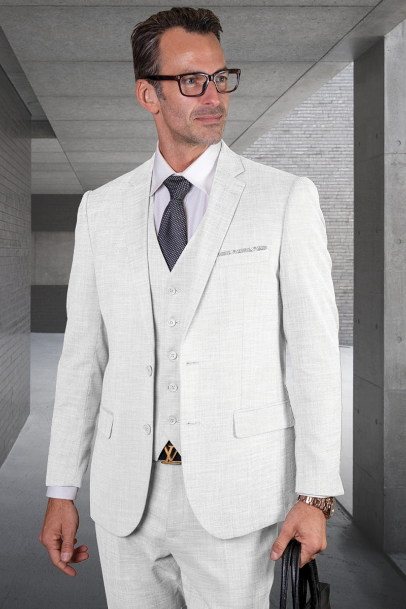 Men's Modern Fit Vested Wool Suit in White