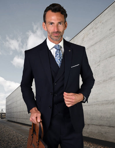 Mens 2 Button Slim Fit Wool Suit With Double Breasted Vest in Navy Blue by Statement