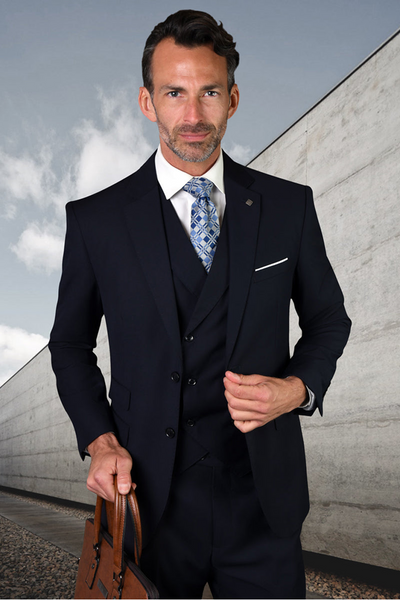 Men's Navy Blue Wool Suit with Double Breasted Vest