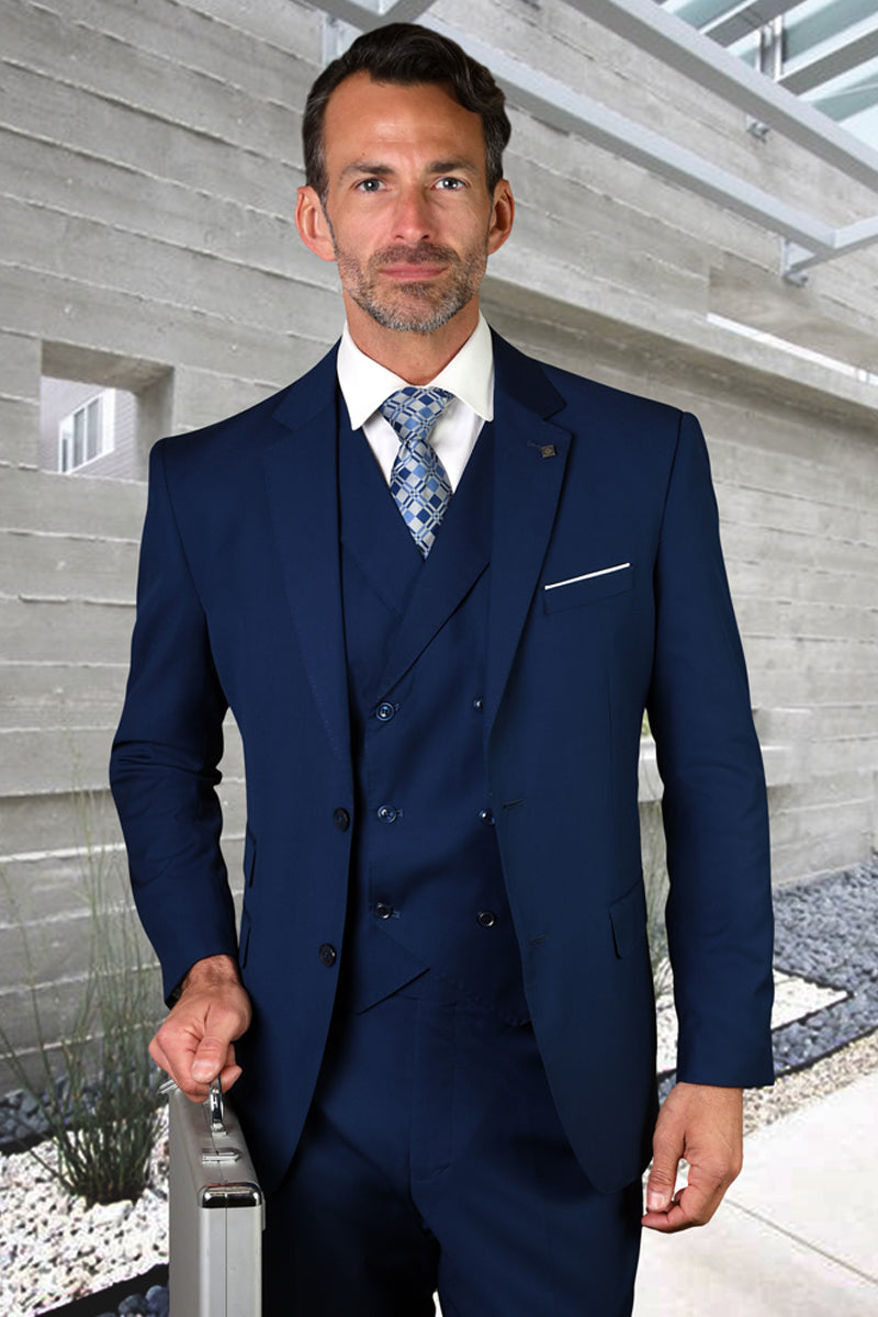 Men's Sapphire Blue Wool Suit with Double Vested Look