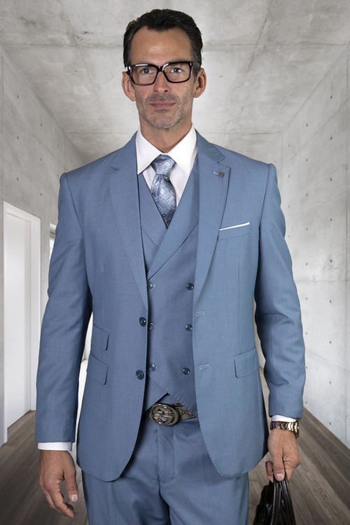 Men's Modern Fit Wool Suit in Steel Blue with Double Breasted Vest