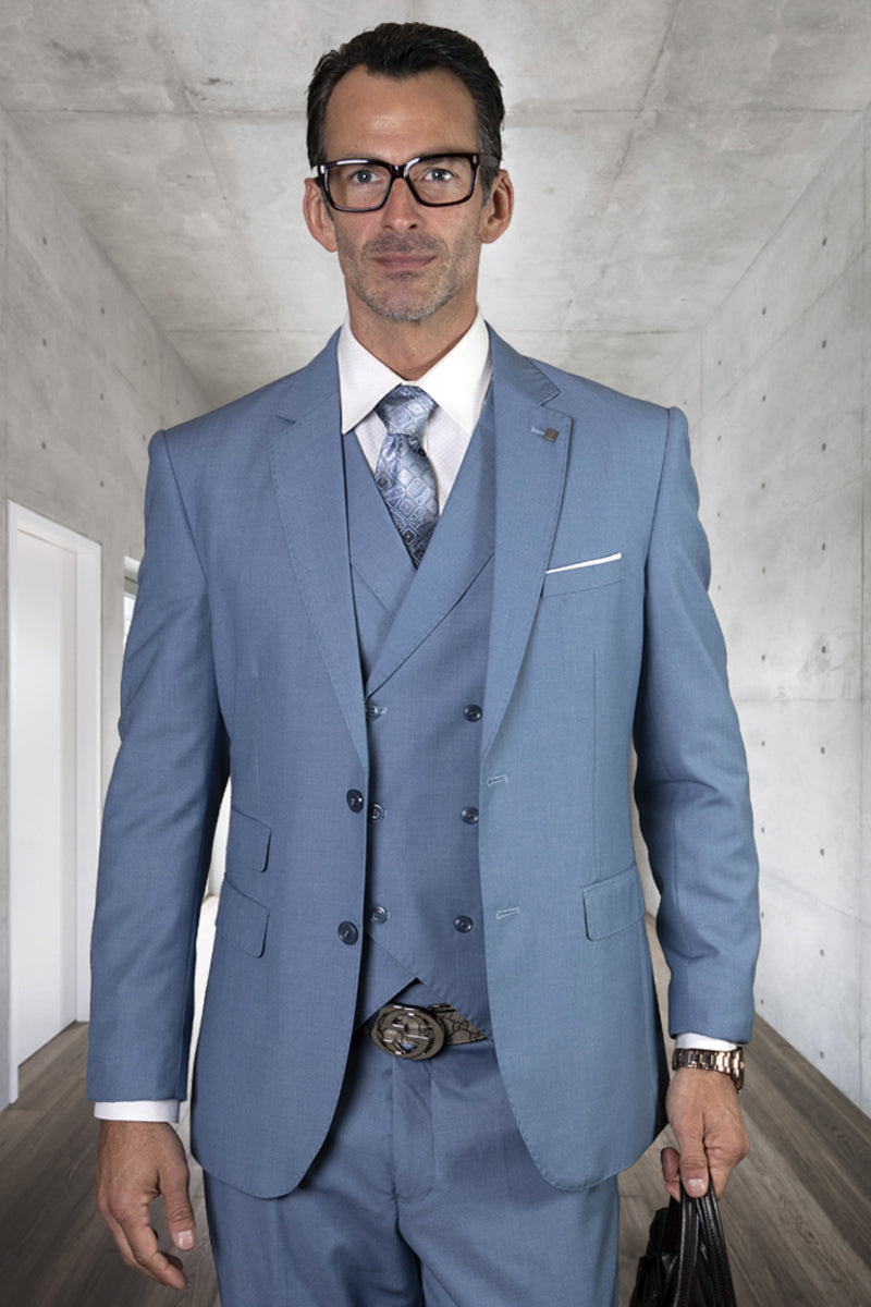 Men's Modern Fit Wool Suit in Steel Blue with Double Breasted Vest