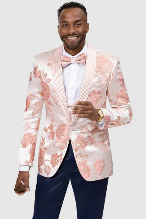 Pink Prom Tuxedo Suit - Pink Wedding Suit - Mens Modern Pink Satin Paisley Prom Tuxedo Dinner Jacket