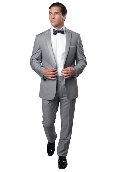 Light Grey Prom Tuxedo Suit - Light Grey Wedding Suit - Men's Slim Fit One Button Satin Trim Peak Lapel Prom & Wedding Tuxedo In Light Grey PROMTUXEDO