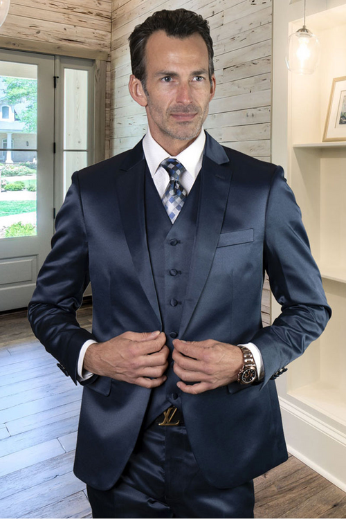 Men's Modern Sapphire Sharkskin Suit in Satin