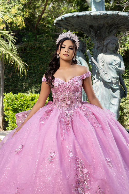 Luxurious Off The Shoulder QuinceaƱera Ball Gown with 3D Floral AppliquƩs Glitter Tulle Skirt by Layla K LK286