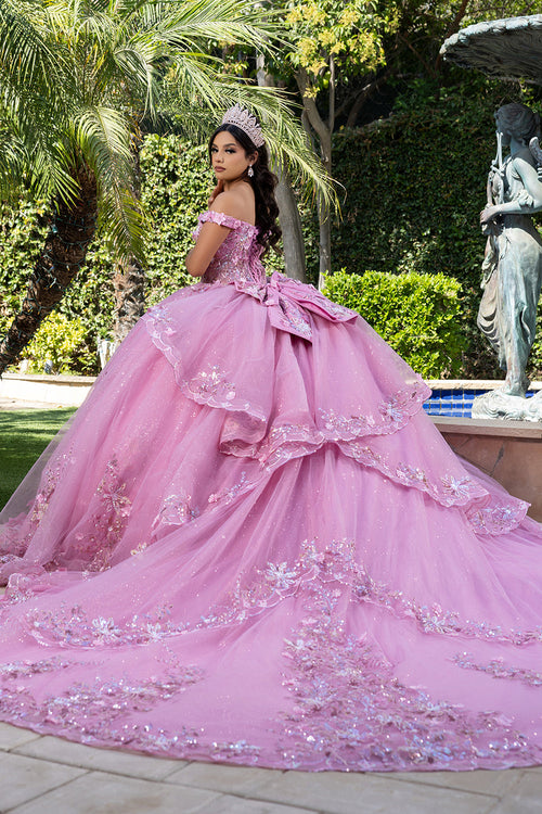 Luxurious Off The Shoulder QuinceaƱera Ball Gown with 3D Floral AppliquƩs Glitter Tulle Skirt by Layla K LK286
