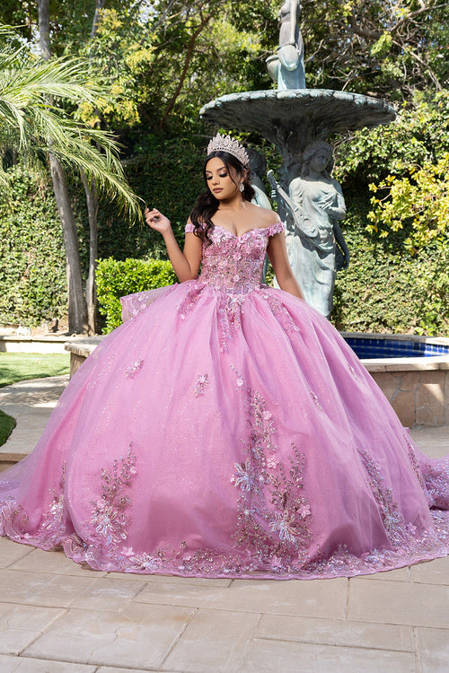 Luxurious Off The Shoulder QuinceaƱera Ball Gown with 3D Floral AppliquƩs Glitter Tulle Skirt by Layla K LK286
