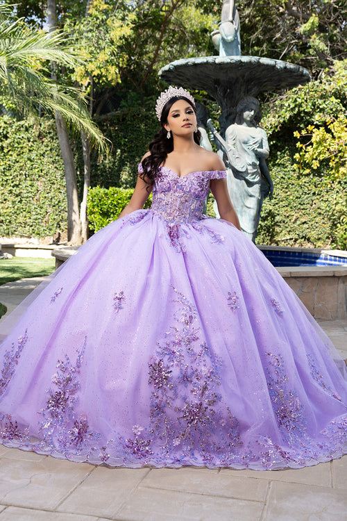 Luxurious Off The Shoulder QuinceaƱera Ball Gown with 3D Floral AppliquƩs Glitter Tulle Skirt by Layla K LK286