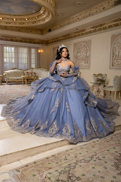 Corset Quinceañera Dress with Detachable Gloves Glitter Tulle Skirt & Embroidery By Layla K LK291