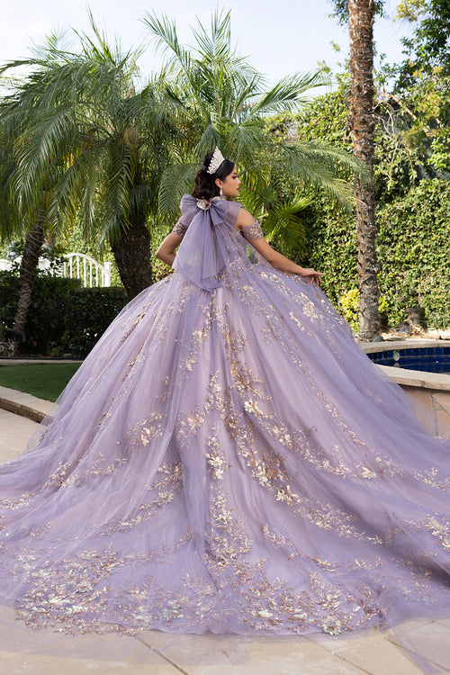 QuinceaƱera Ball Gown Off Shoulder Glitter Tulle Dress with 3D Floral AppliquƩs Long Train by Layla K LK292