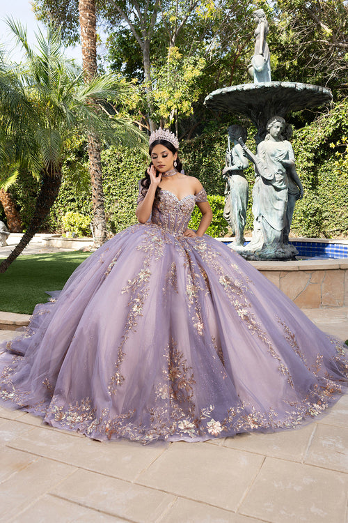 QuinceaƱera Ball Gown Off Shoulder Glitter Tulle Dress with 3D Floral AppliquƩs Long Train by Layla K LK292