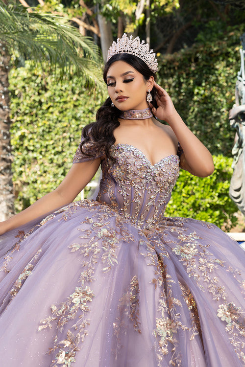 QuinceaƱera Ball Gown Off Shoulder Glitter Tulle Dress with 3D Floral AppliquƩs Long Train by Layla K LK292