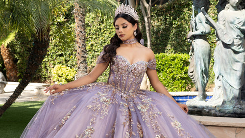 QuinceaƱera Ball Gown Off Shoulder Glitter Tulle Dress with 3D Floral AppliquƩs Long Train by Layla K LK292